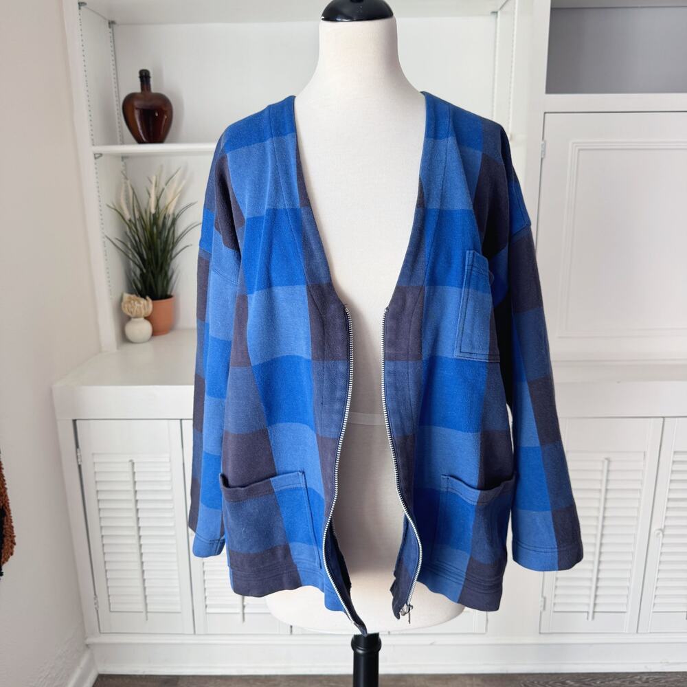 Vintage Adrienne Vittadini Blue Check 100% Cotton Plaid V-Neck Zip Cardigan L